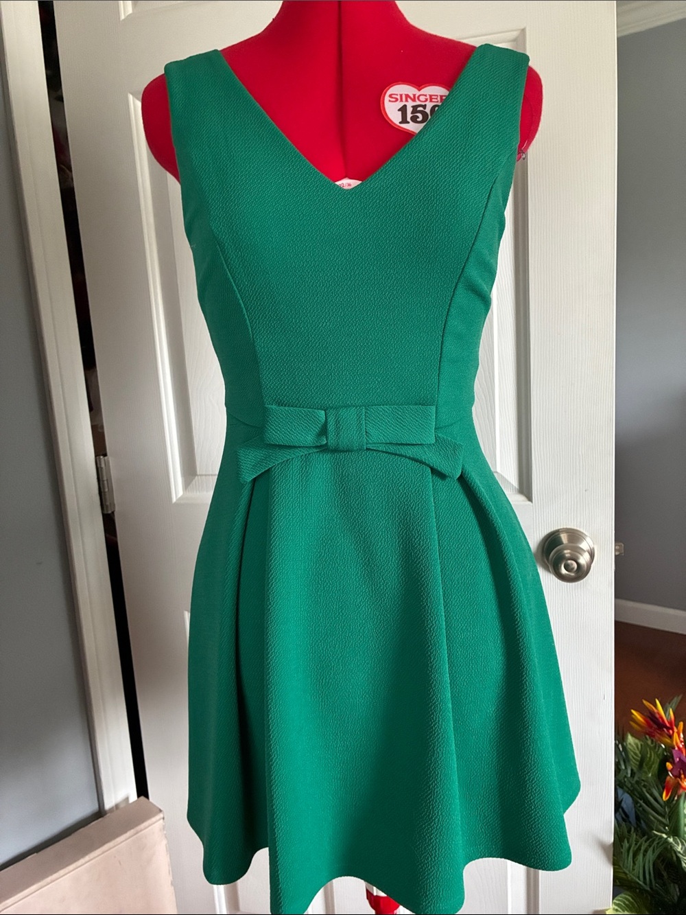 Trixxi Teal V-Neck Fit & Flare Dress with Waist Bow